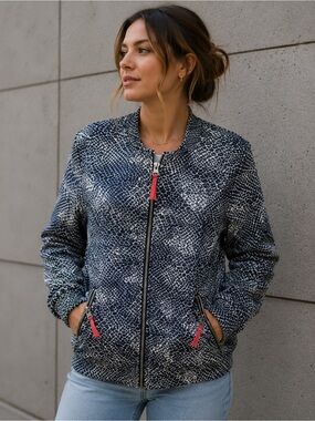 Noisy may Blue and White Snake Patterned Bomber Jacket Size S Scandi Streetwear